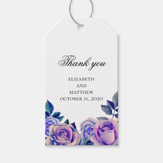 青と紫のバラ感謝していは。の結婚贈り物ラベル ギフトタグ (正面)