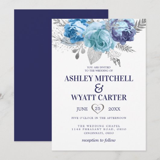 青と紫のバラ結婚ズ 招待状 (正面/裏面)