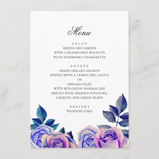 青と紫のバラ。水彩フローラ結婚ズ メニュー (正面)