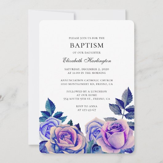 青と紫のバラ。水彩洗礼フローラ 招待状 (正面)