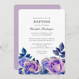 青と紫のバラ。水彩洗礼フローラ 招待状