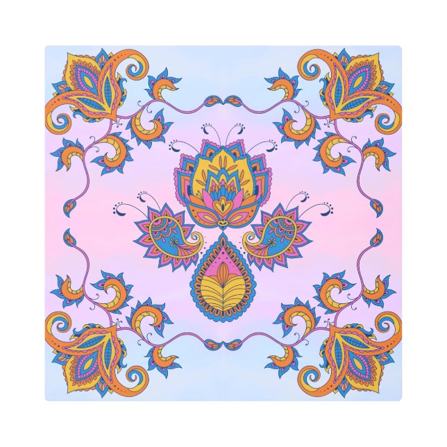 青と紫のフローラアートメーンディブルーブリス メタルプリント (正面)