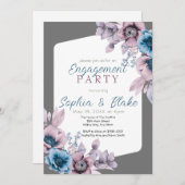 青と紫のフローラグレー婚約パーティ 招待状 (正面/裏面)