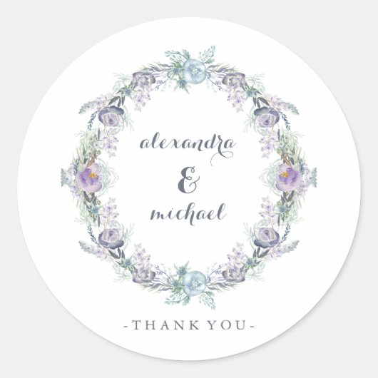青と紫のフローラリース結婚の感謝 ラウンドシール (正面)