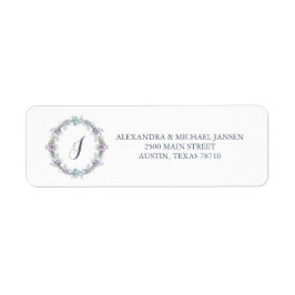 青と紫のフローラリース結婚ズモノグラム ラベル