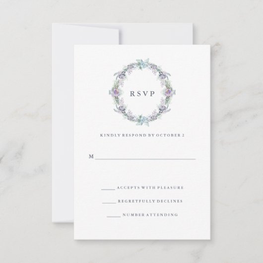 青と紫のフローラリース結婚式RSVP 出欠カード (正面)