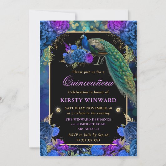 青と紫のフローラ孔雀キンセアニェラ 招待状 (正面)