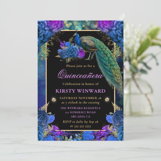 青と紫のフローラ孔雀キンセアニェラ 招待状 (スタンド正面)