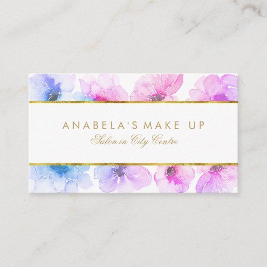 青と紫のフローラ水彩色のエレガント美しい 名刺 (正面)