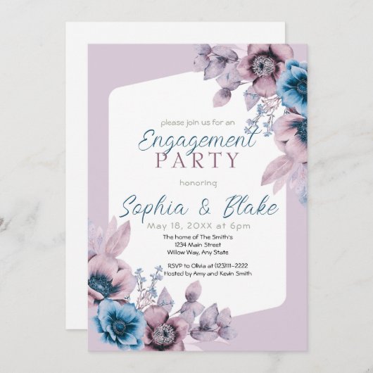 青と紫のフローラ紫の婚約パーティ 招待状 (正面/裏面)