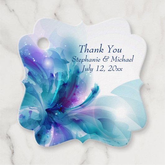 青と紫のフローラ結婚デザイン フェイバータグ (正面)