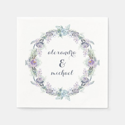 青と紫のフローラ結婚リース スタンダードカクテルナプキン (正面)