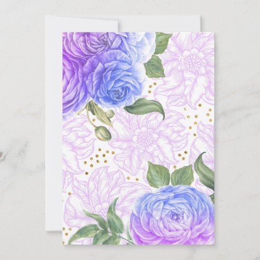 青と紫のフローラ金ゴールド紙吹雪誕生日 招待状 (裏面)