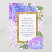 青と紫のフローラ金ゴールド紙吹雪誕生日 招待状 (正面/裏面)