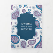 青と紫のペイズリーインディアン結婚スタイルの写真 三つ折り招待状 (カバー)