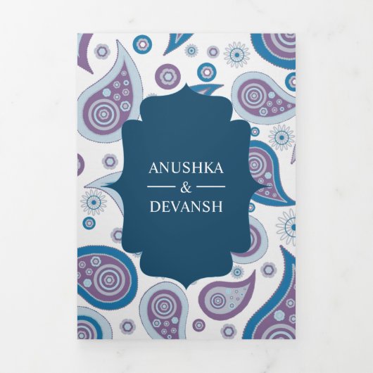 青と紫のペイズリーインディアン結婚スタイルの写真 三つ折り招待状 (カバー)