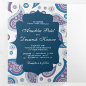 青と紫のペイズリーインディアン結婚スタイルの写真 三つ折り招待状 (内部最初)