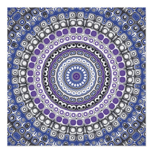 青と紫のマンダラ幾何学模様 ポスター (正面)