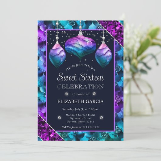 青と紫のマーメイドグラデーションオーナメントスウィート16 招待状 (スタンド正面)