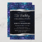 青と紫のマーメイドスパンコール 21歳の誕生日 招待状 (正面/裏面)