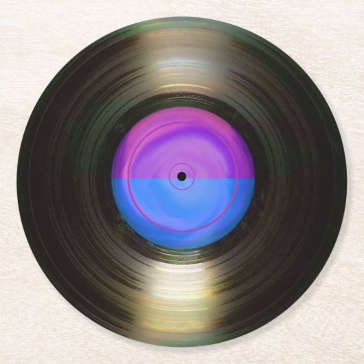 青と紫のレトロレコード ラウンドペーパーコースター (正面)