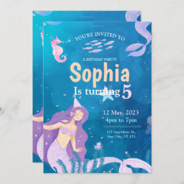 青と紫の人魚の誕生日パーティーの招待 招待状