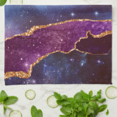 青と紫の宇宙と星に金のリボン キッチンタオル (折り畳み)