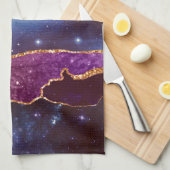 青と紫の宇宙と星に金のリボン キッチンタオル (四つ折り)