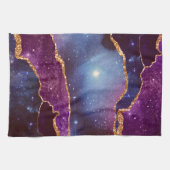 青と紫の宇宙と星に金のリボン キッチンタオル (横)