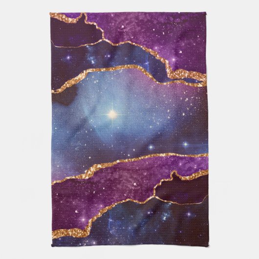 青と紫の宇宙と星に金のリボン キッチンタオル (縦)