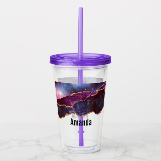 青と紫の宇宙&星と金ゴールドリボン アクリルタンブラー (正面)