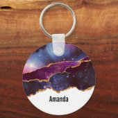 青と紫の宇宙&星と金ゴールドリボン キーホルダー (正面)