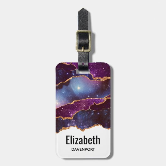 青と紫の宇宙&星と金ゴールドリボン ラゲッジタグ (正面縦)