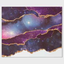 青と紫の宇宙&星と金ゴールドリボン ラッピングペーパー