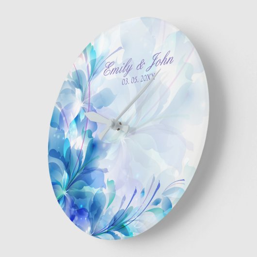 青と紫の抽象芸術の花 – 日付を保存 ラージ壁時計 (傾斜)