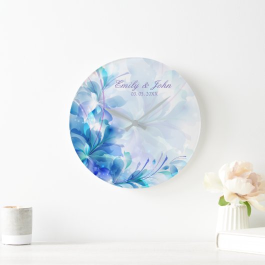 青と紫の抽象芸術の花 – 日付を保存 ラージ壁時計 (ホーム)