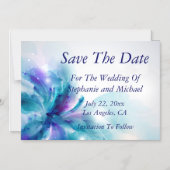 青と紫の抽象芸術フローラ日付の保存 マグネット招待状 (正面)