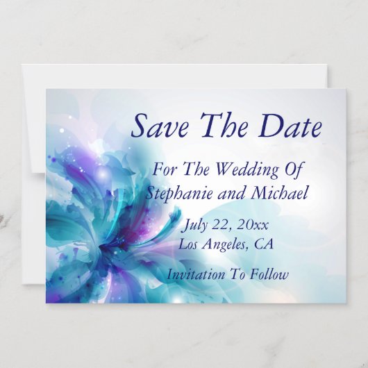 青と紫の抽象芸術フローラ日付の保存 マグネット招待状 (正面)