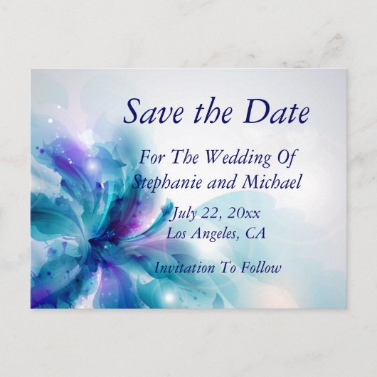 青と紫の抽象芸術フローラ日付を保存する–1 案内ポストカード (正面)