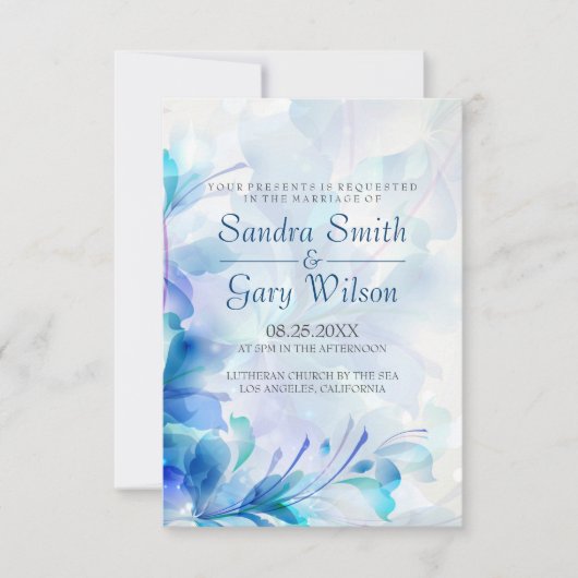 青と紫の抽象芸術結婚の花 招待状 (正面)