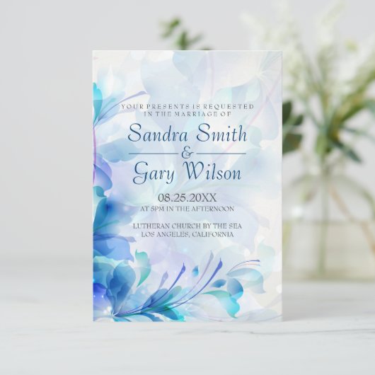 青と紫の抽象芸術結婚の花 招待状 (スタンド正面)