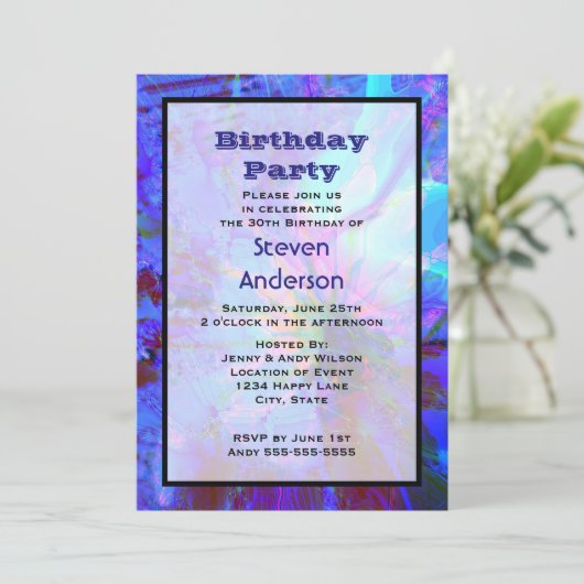 青と紫の抽象芸術誕生日パーティーの招待 招待状 (スタンド正面)