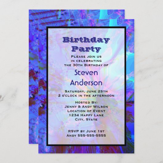 青と紫の抽象芸術誕生日パーティーの招待 招待状 (正面/裏面)