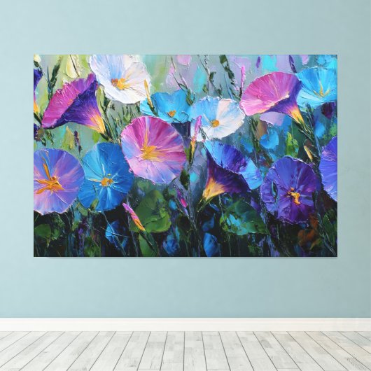 青と紫の朝顔の絵画 アブストラクト キャンバスプリント (インサイチュ (ウッドフロア))