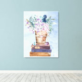青と紫の本と花のキャンバスウォールアート キャンバスプリント (インサイチュ (ウッドフロア))