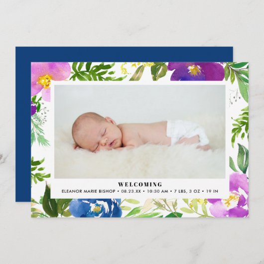 青と紫の水彩フローラの生成 案内状 (正面/裏面)