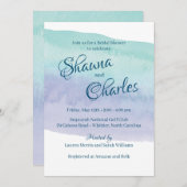 青と紫の水彩洗浄ブライダルシャワー 招待状 (正面/裏面)