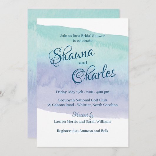 青と紫の水彩洗浄ブライダルシャワー 招待状 (正面/裏面)