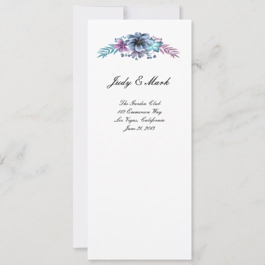 青と紫の水彩花のウェディングメニュー 招待状 (裏面)