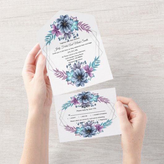 青と紫の水彩花のウェディング オールインワン招待状 (貼ってはがせる)